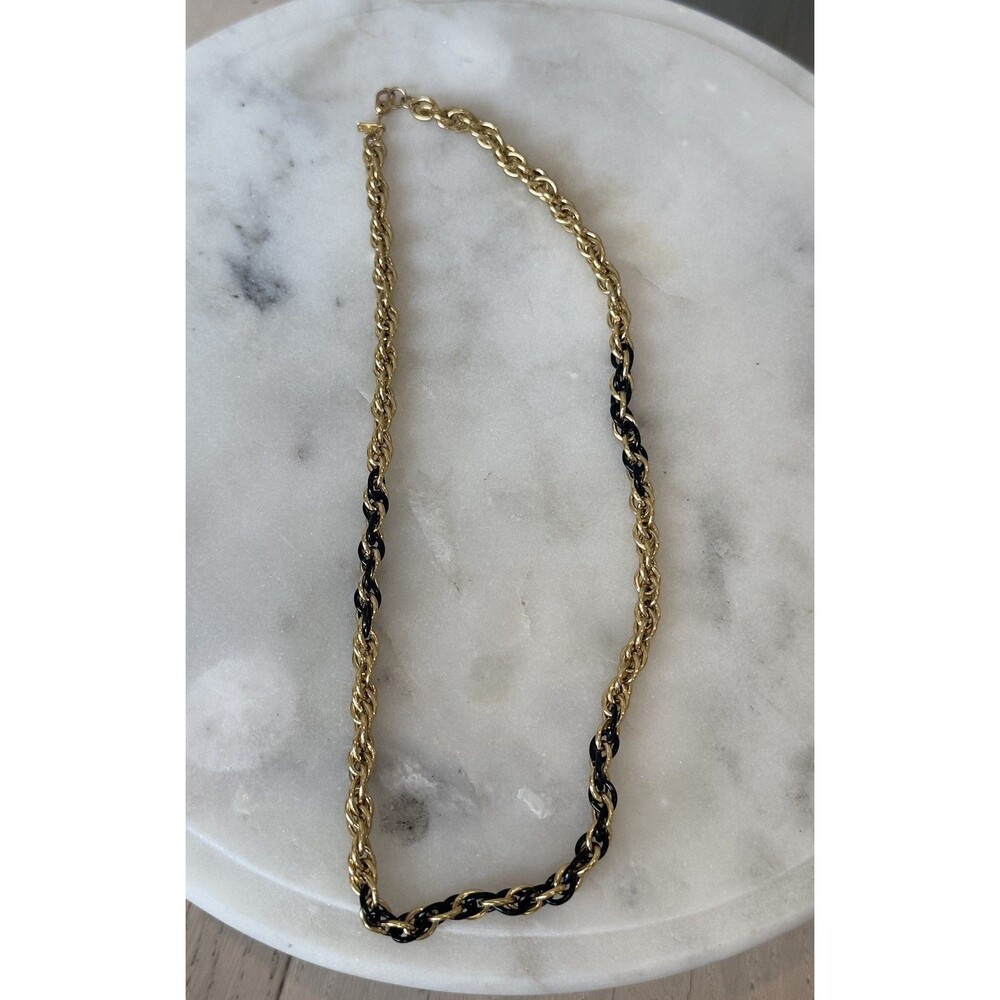 Vintage Monet Signed Spiral Chain Necklace Gold Tone & Black Enamel